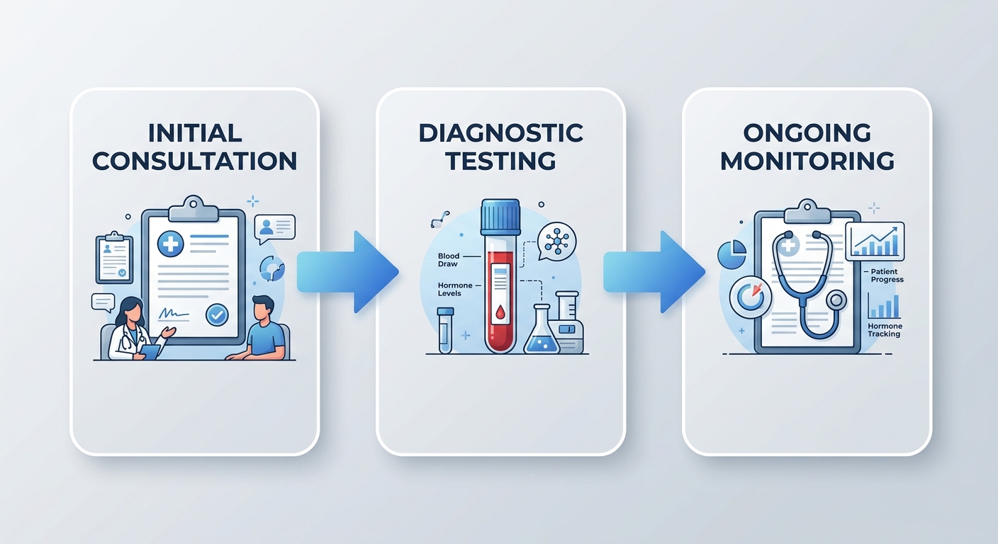 Hormone replacement therapy consultation process showing diagnostic testing and ongoing monitoring stages