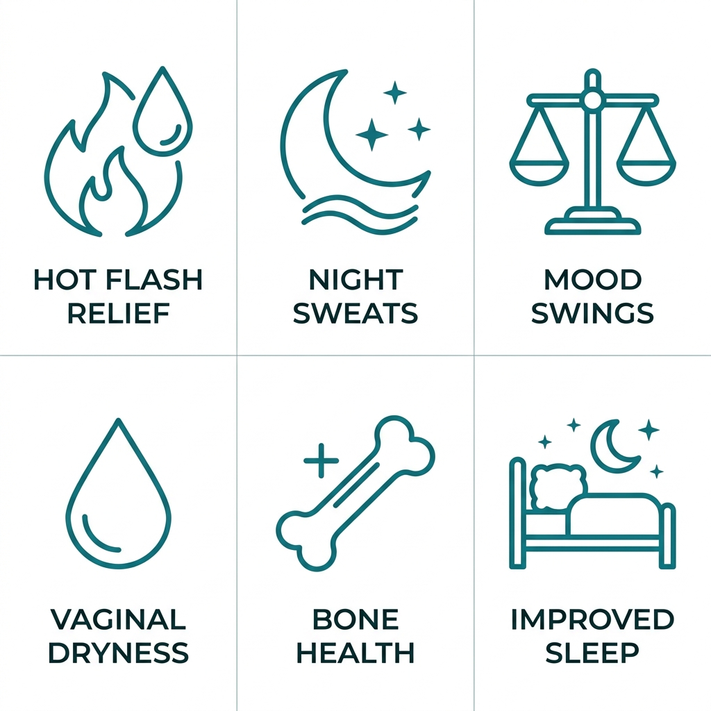 A set of 6 clean medical icons for hormone replacement therapy benefits: hot flash relief, night sweats, mood swings, vaginal dryness, bone health, and improved sleep.