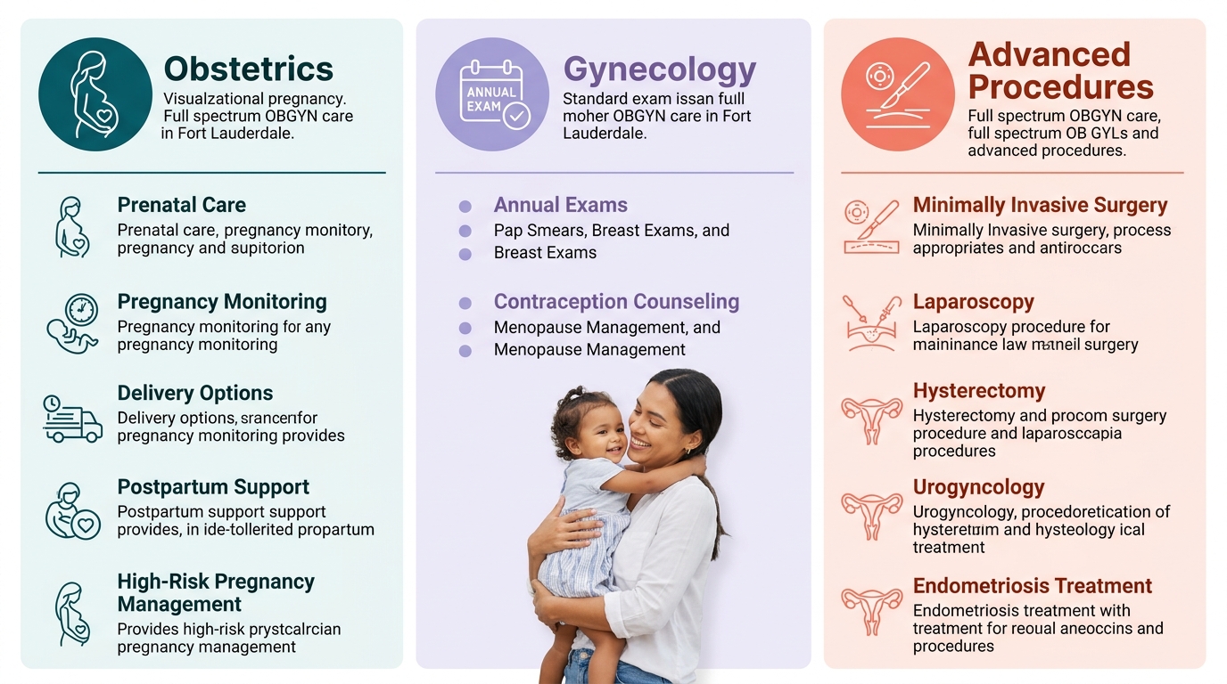 Full spectrum OBGYN care infographic showing obstetrics, gynecology, and advanced procedures with mother and child center image.
