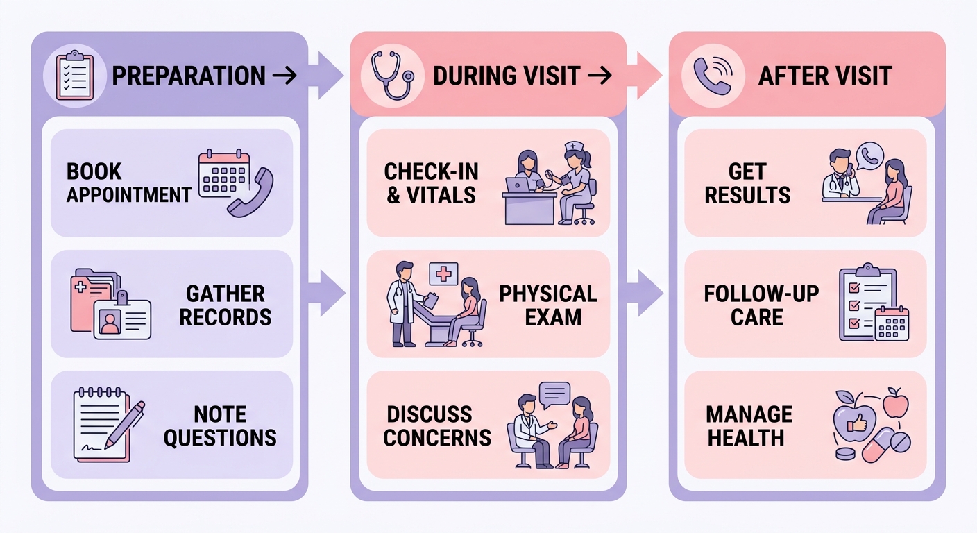 Three-step patient journey for visiting an OBGYN in Fort Lauderdale, showing preparation, during visit, and after visit stages with icons.