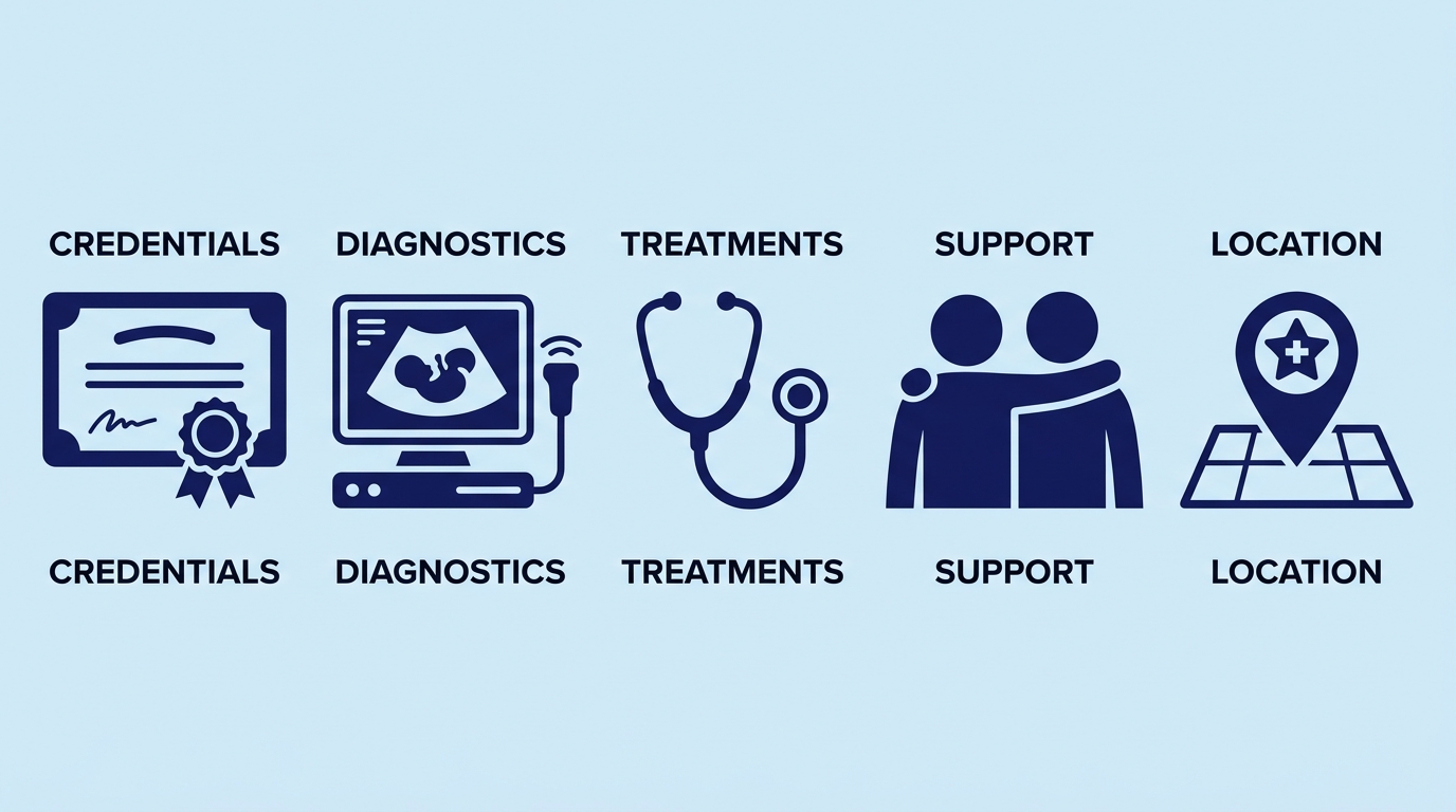 An infographic illustrating the five key factors for choosing an infertility clinic, featuring icons for credentials, diagnostics, treatments, support, and location.