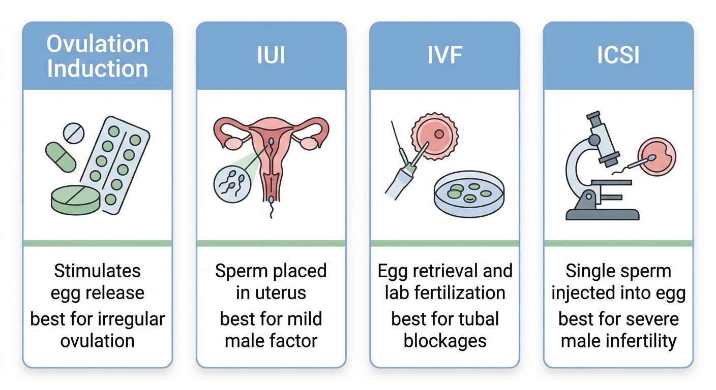 Four-column infographic comparing fertility treatments: Ovulation Induction, IUI, IVF, and ICSI with icons and medical descriptions.