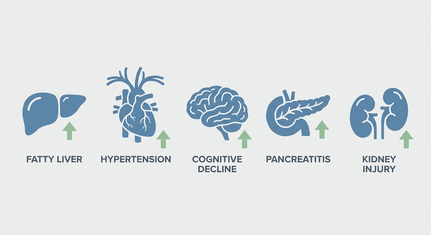 Infographic showing five organ systems affected by chronic substance use: liver, cardiovascular, brain, pancreas, kidney, with common effects and recovery potential arrows