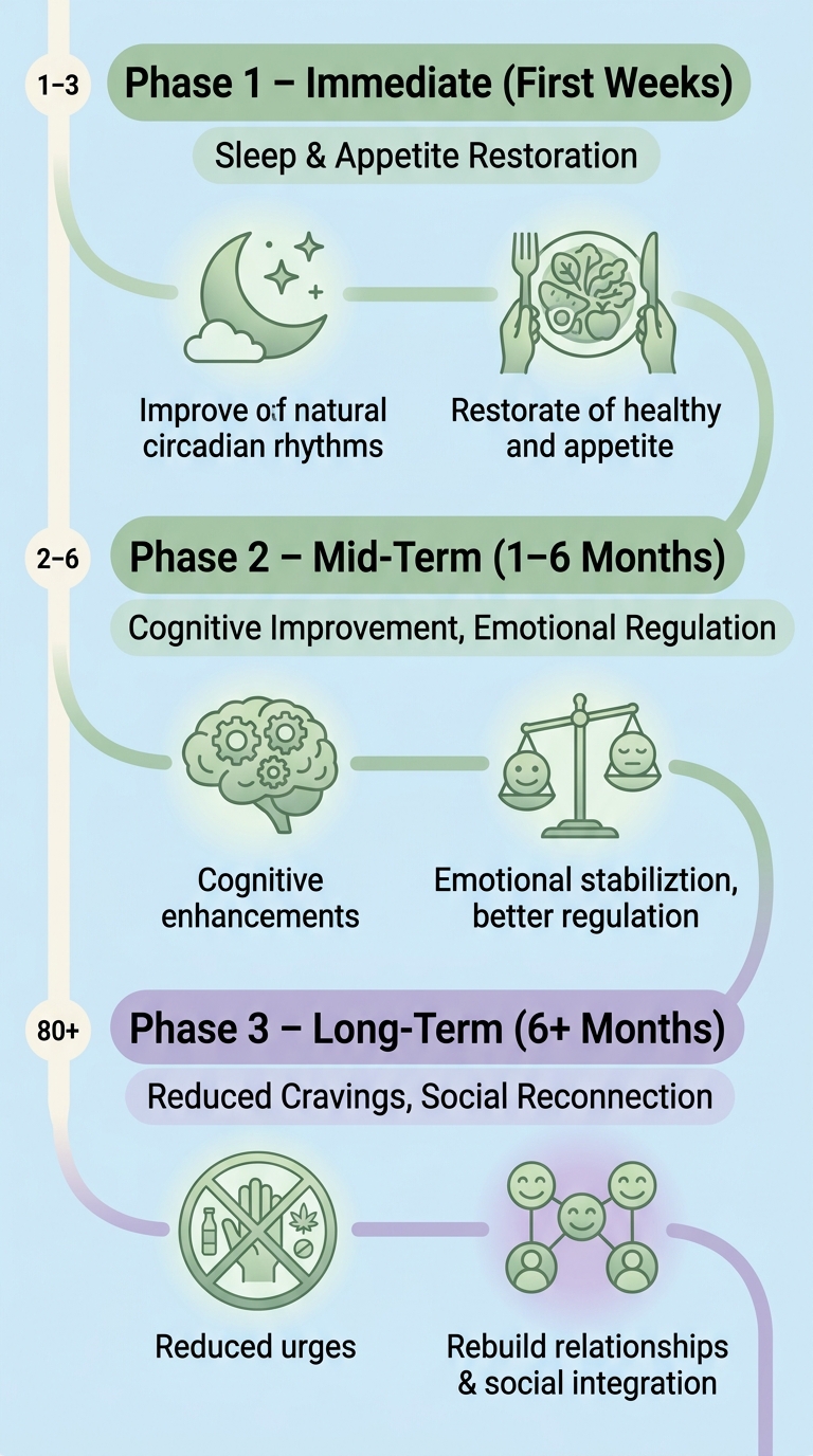 Vertical timeline of brain recovery after addiction, showing three phases from immediate to long-term with milestone markers and calming colors