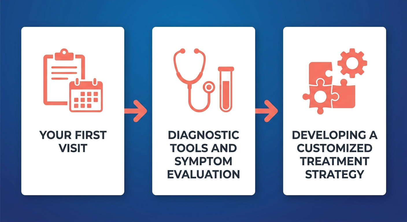 Three-stage horizontal process flow for menopause diagnosis and treatment: Visit, Evaluation, Strategy.