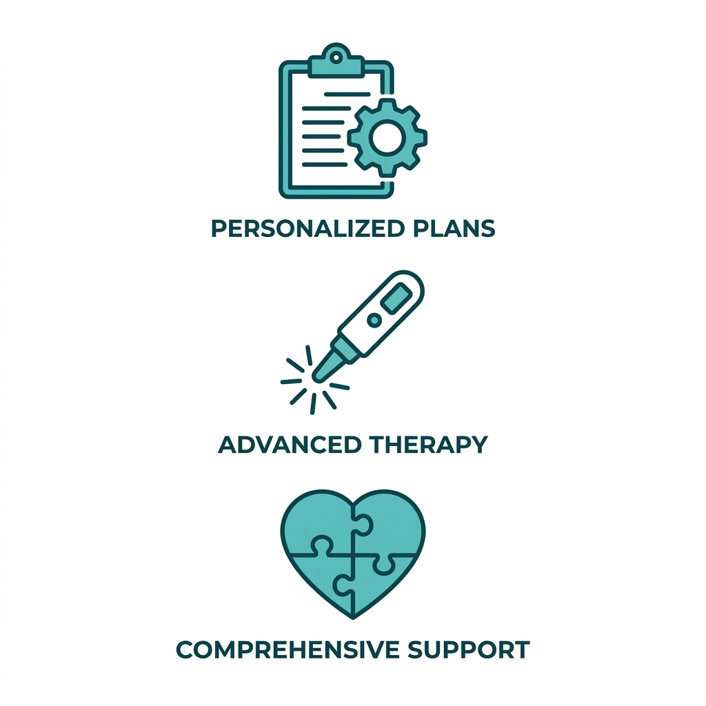 Three outline icons representing personalized treatment plans, advanced therapies, and comprehensive support benefits.