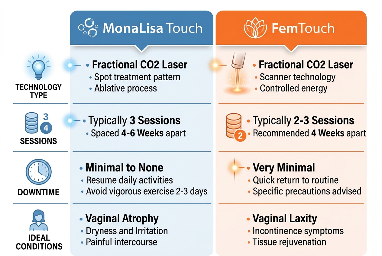 Medical infographic comparing MonaLisa Touch and FemTouch fractional CO2 laser technologies for vaginal rejuvenation