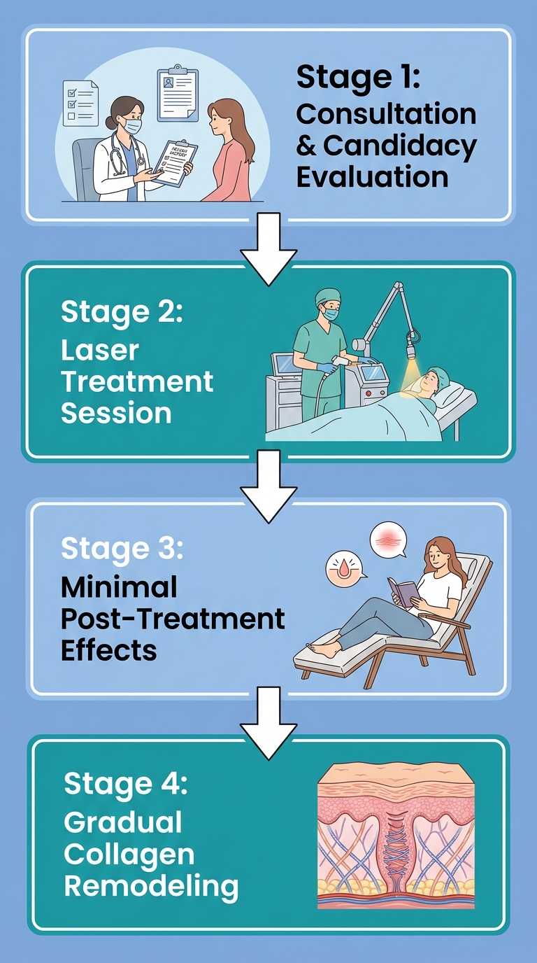 Vertical process flow diagram showing the vaginal laser rejuvenation journey in Fort Lauderdale with four stages: consultation, treatment, post-treatment effects, and collagen remodeling.