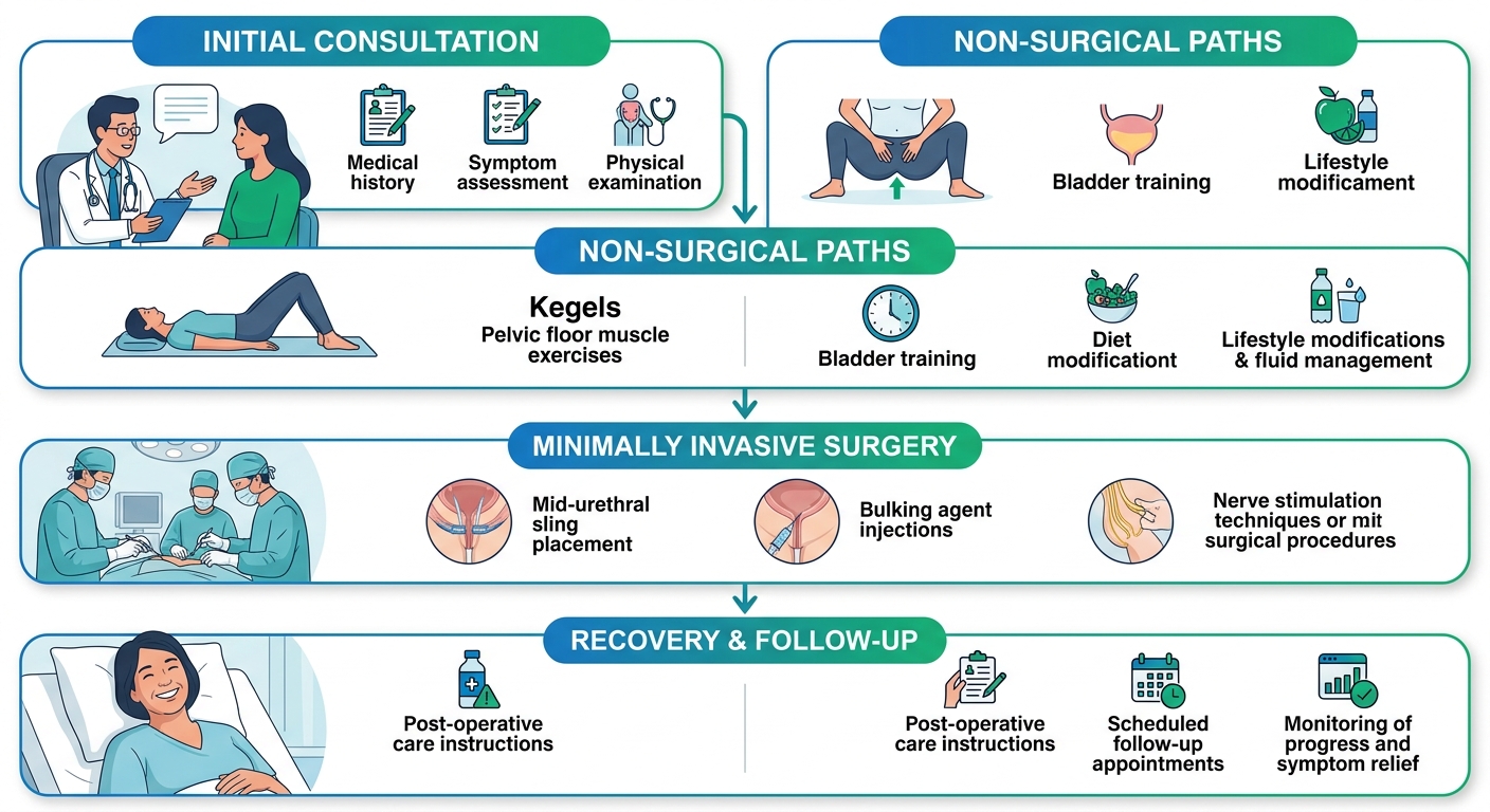 Vertical process flow diagram showing the 4 steps of urinary incontinence treatment pathway from initial consultation to recovery and follow-up