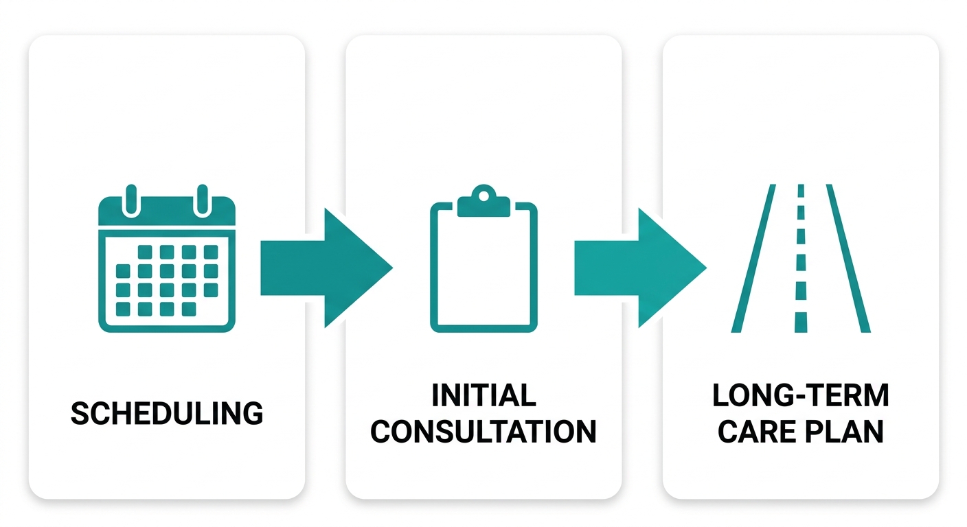 Three-step process flow for starting OBGYN journey: Scheduling, Initial Consultation, and Long-Term Care Plan connected by arrows.