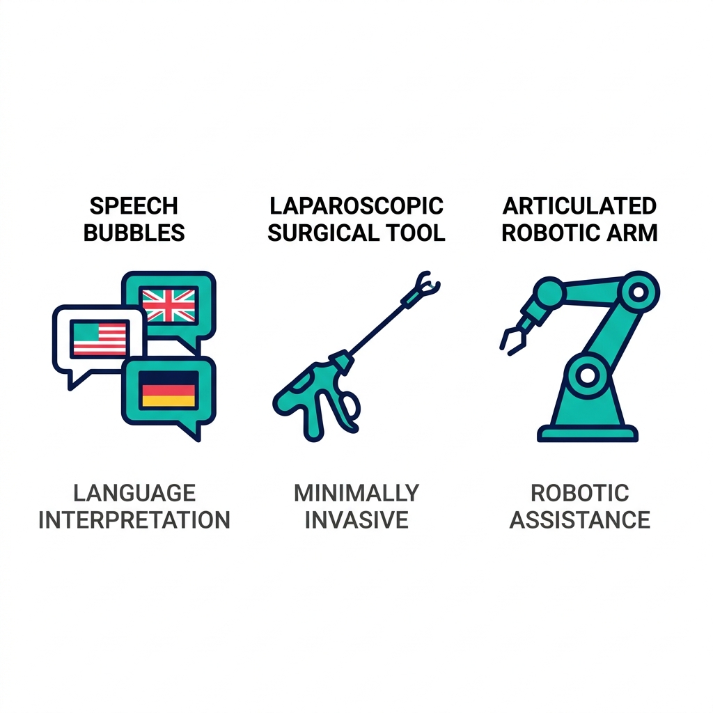 Three icon grid: multilingual care, minimally invasive surgery, robotic surgery