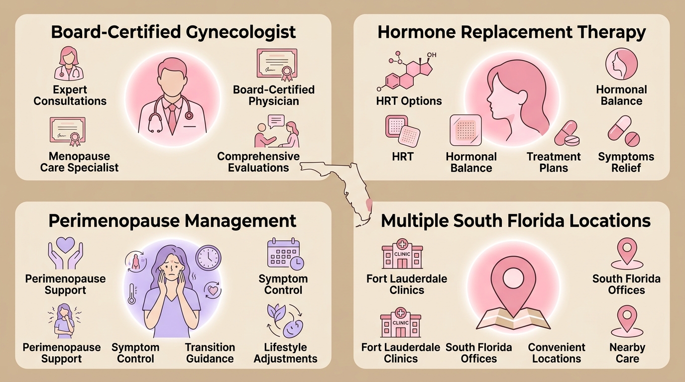 Informational graphic detailing personalized menopause care in Fort Lauderdale offering board-certified gynecologist services, hormone replacement therapy options, perimenopause management, multiple South Florida clinic locations, and supportive expert care with soft professional design and service icons.