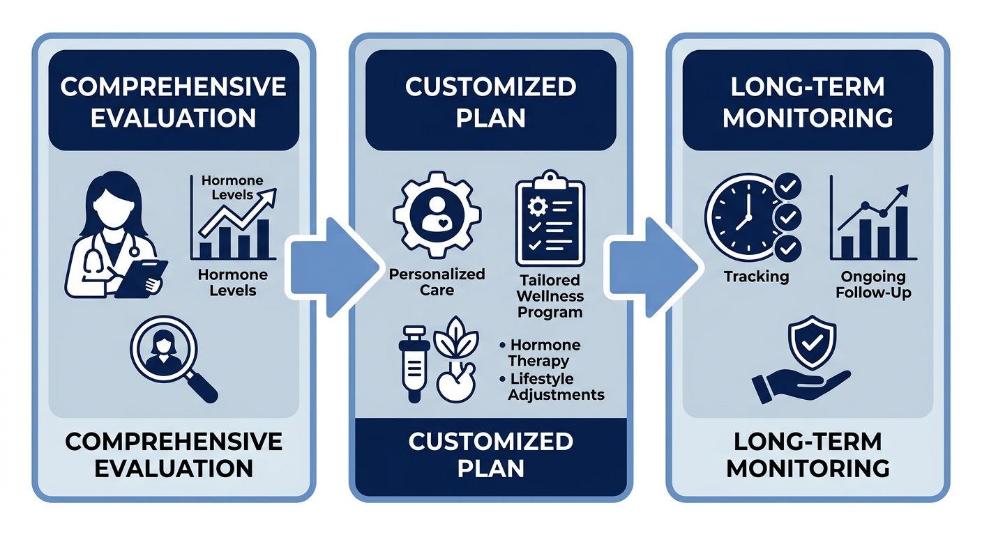 Diagram showing three interconnected stages of menopause treatment: Comprehensive Evaluation, Customized Treatment Plan, and Long-Term Monitoring