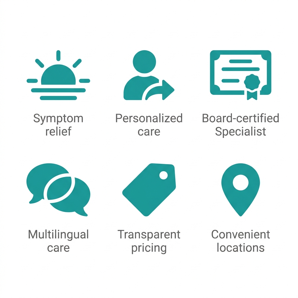 Grid of six icons representing benefits of personalized menopause care, including symptom relief, personalized care, board-certified specialist, multilingual care, transparent pricing, and convenient locations.