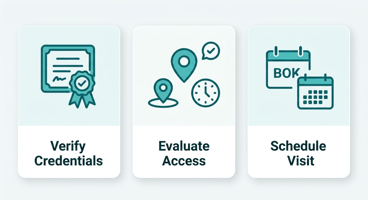 Horizontal process flow with three steps to find a gynecologist in Hollywood, Florida, featuring icons for credentials, location, and scheduling.