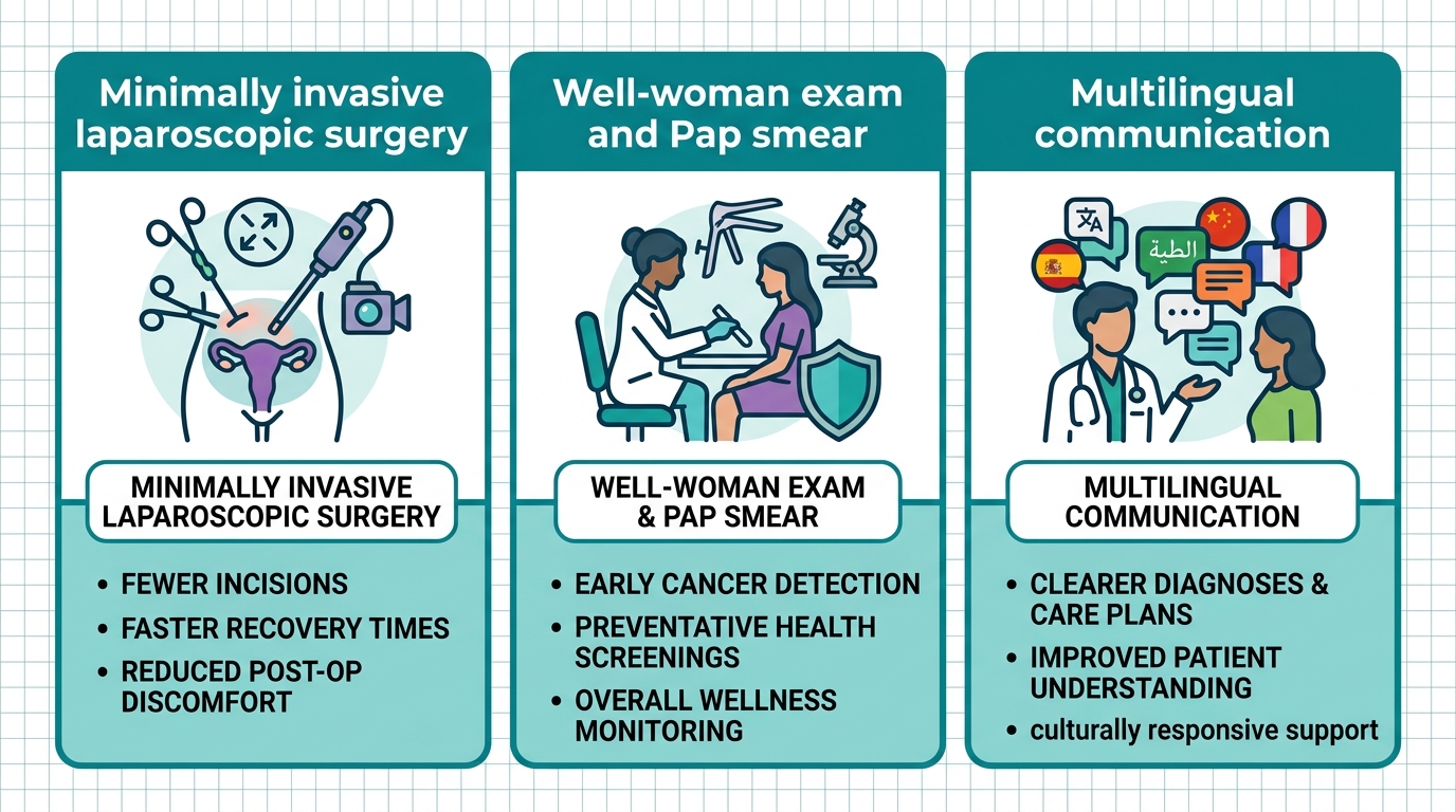 Infographic highlighting three key benefits of expert gynecologic care: minimally invasive surgery, comprehensive well-woman exams, and multilingual patient-centered communication in English Spanish and Romanian