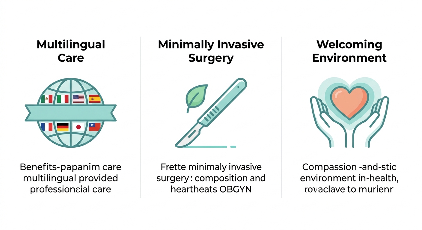 Three-column infographic highlighting benefits of First Class OBGYN in Miramar: multilingual care, minimally invasive surgery, and welcoming environment.