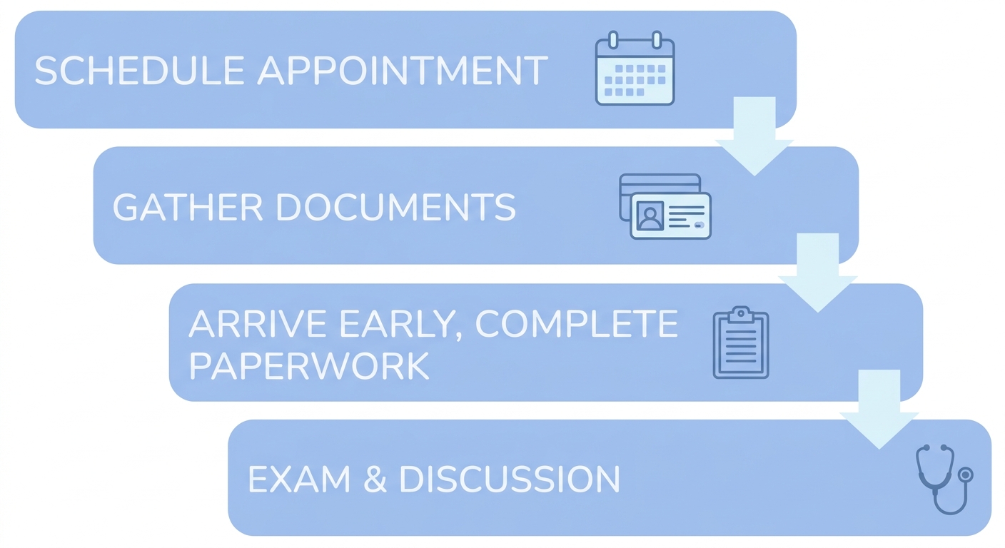 Vertical flow diagram of four steps to prepare for a gynecologist visit at Dr. Anghel's OBGYN in Miramar, Weston, and Pembroke Pines.