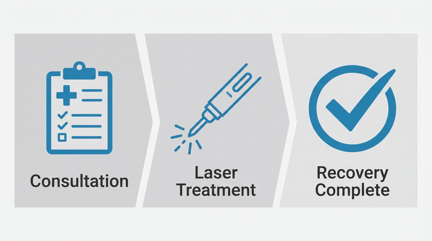 Diagram of MonaLisa Touch procedure steps: consultation, treatment, and recovery with arrows and icons