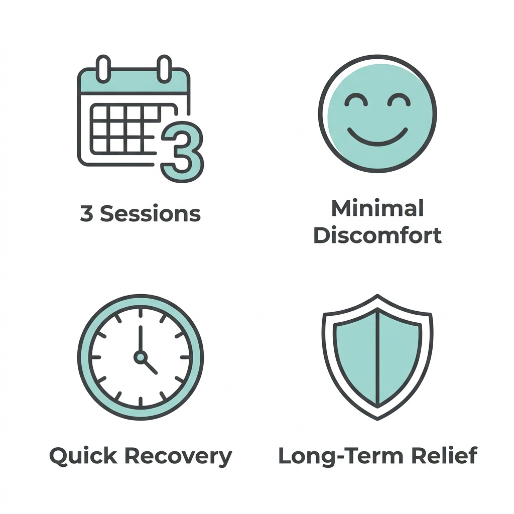 Square grid of 4 benefits icons for non-surgical vaginal rejuvenation: 3 sessions, minimal discomfort, quick recovery, long-term relief.