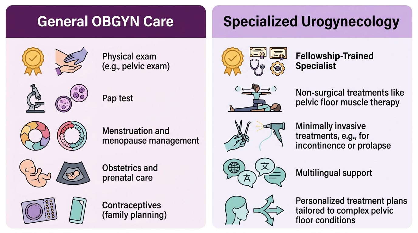Contrasting general OBGYN care on the left with specialized urogynecology care on the right, featuring icons and data cards for comprehensive women's health understanding.