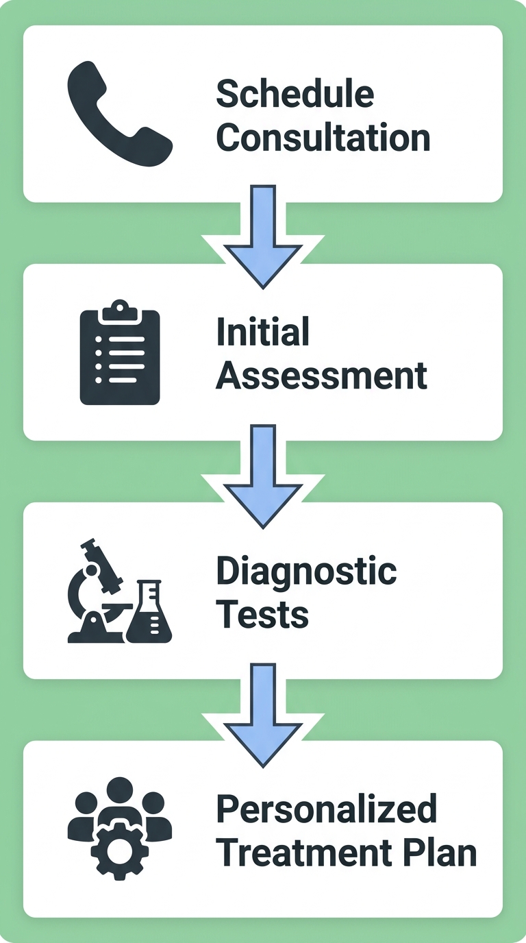 Vertical flow diagram showing four steps of a urogynecology consultation: Schedule, Initial Assessment, Diagnostic Tests, Personalized Treatment Plan.