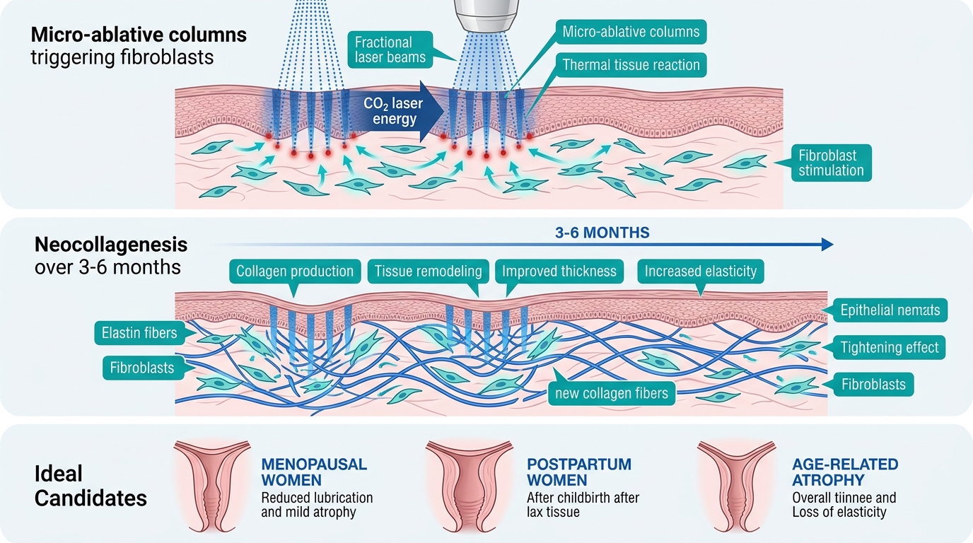 Cross-section infographic showing fractional CO2 laser mechanism with micro-ablative columns, fibroblast activation, and neocollagenesis timeline, ideal candidates list.