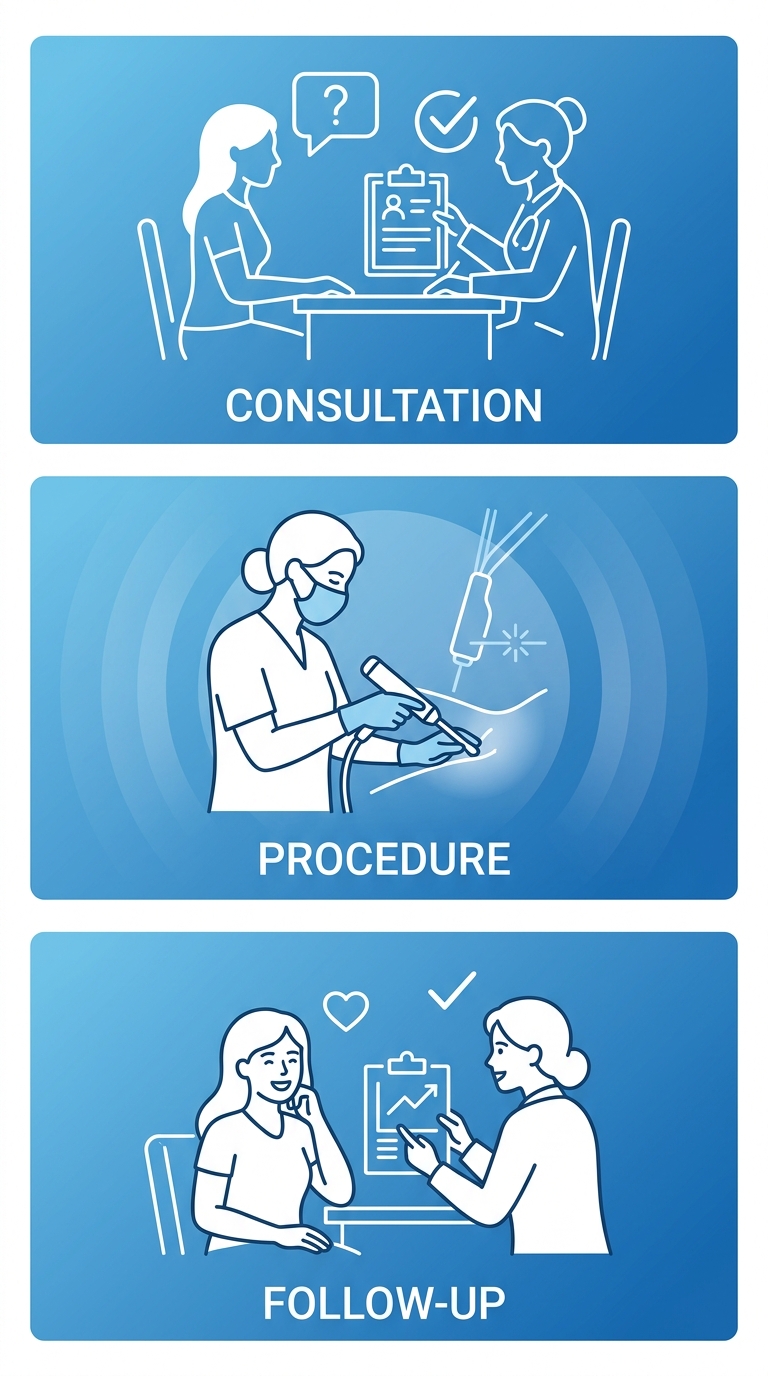 Vaginal laser rejuvenation process flow showing three stages with graphical icons