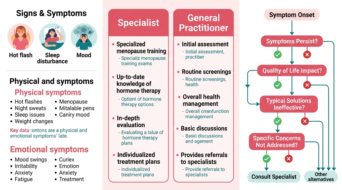 Three-column hormonal imbalance infographic comparing symptoms, specialist roles, and decision criteria
