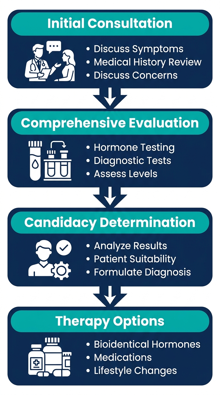 Four-step process for hormonal imbalance evaluation and treatment at Dr. Anghel's OBGYN in Pembroke Pines, Florida.