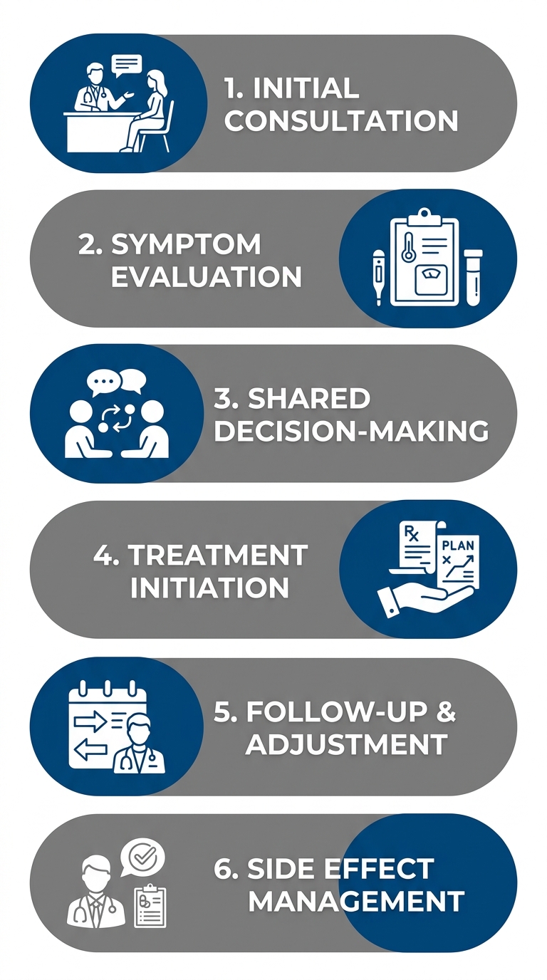 Six-stage menopause treatment process at First Class OBGYN, from initial consultation through side effect management.
