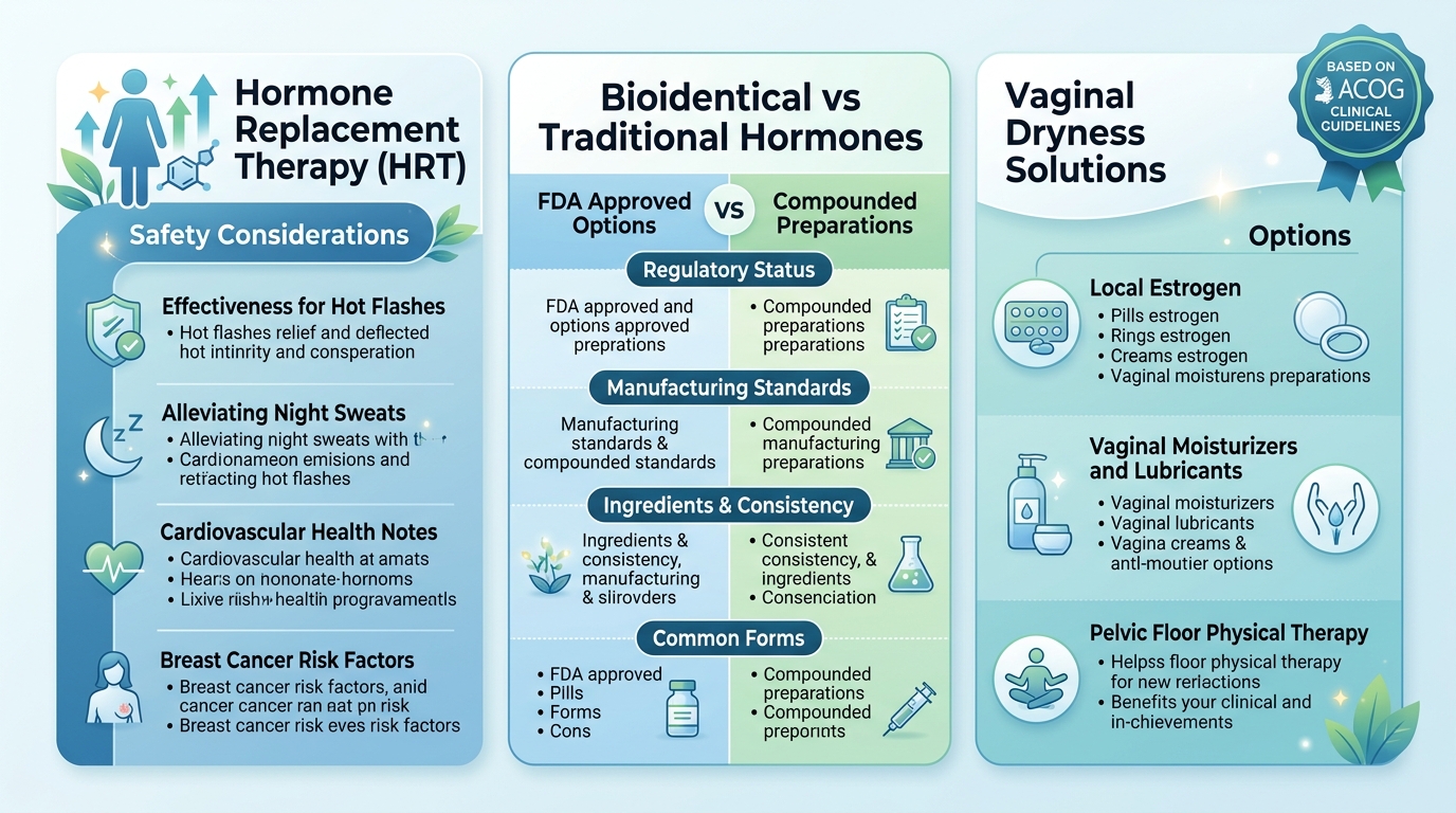 Comprehensive visual comparing HRT, bioidentical hormones, and vaginal dryness treatments with ACOG guidelines badge