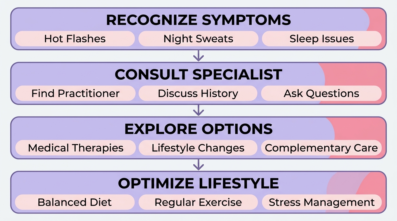 Vertical process flow with four rounded boxes connected by downward arrows showing steps for managing menopause symptoms