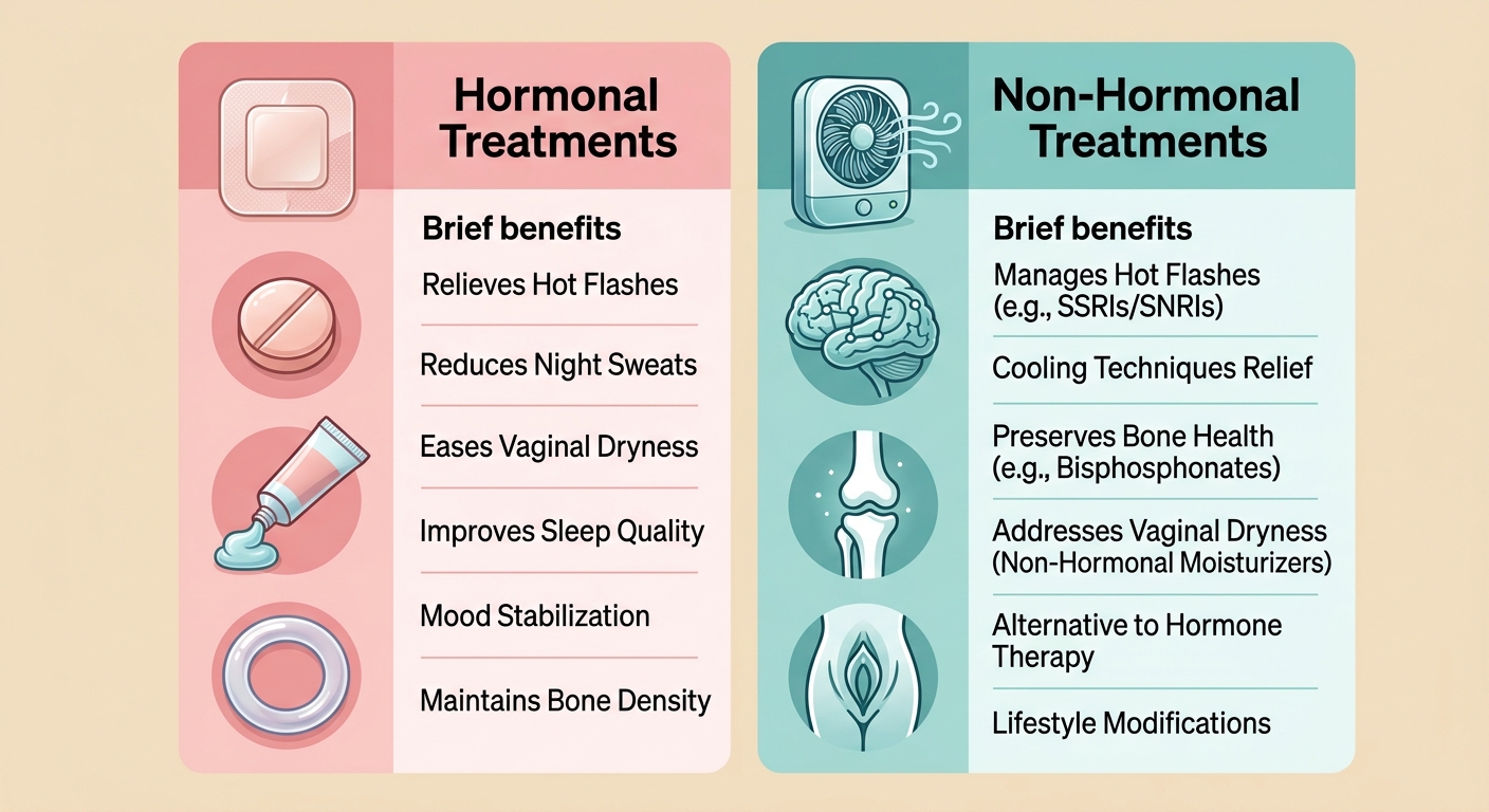 Split infographic comparing hormonal and non-hormonal menopause treatments, with benefits listed in two vertical columns