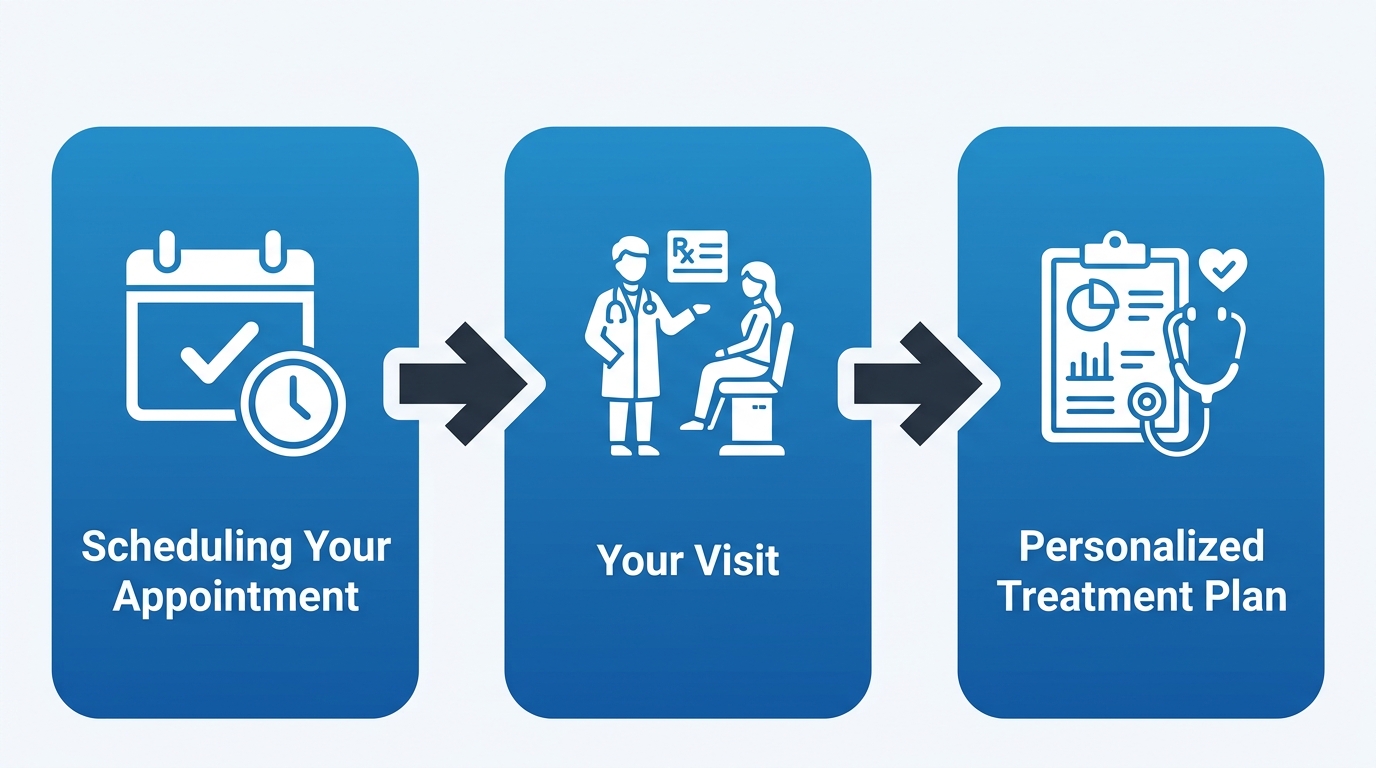 Three steps of gynecologic care at First Class OBGYN in Pembroke Pines: Scheduling Your Appointment, Your Visit, and Personalized Treatment Plan shown as blue rounded rectangles with white icons and right-pointing arrows.