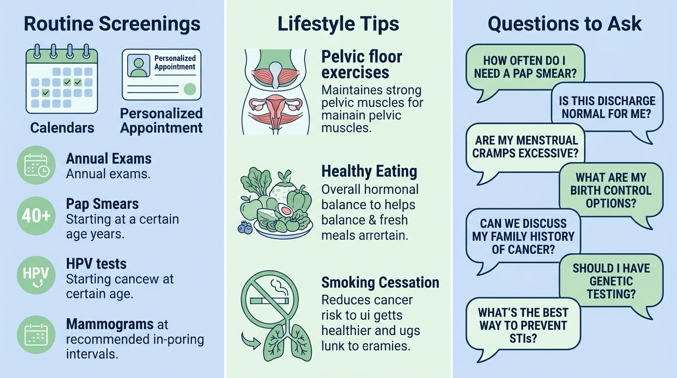 Infographic summarizing best practices for gynecologic health in Pembroke Pines, Florida, with three columns for screenings, lifestyle tips, and questions to ask.