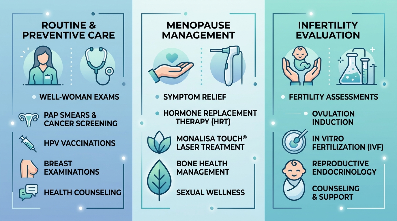 Infographic highlighting three gynecologic service categories: Routine & Preventive Care, Menopause Management, and Infertility Evaluation, with medical icons and a soft blue gradient background.