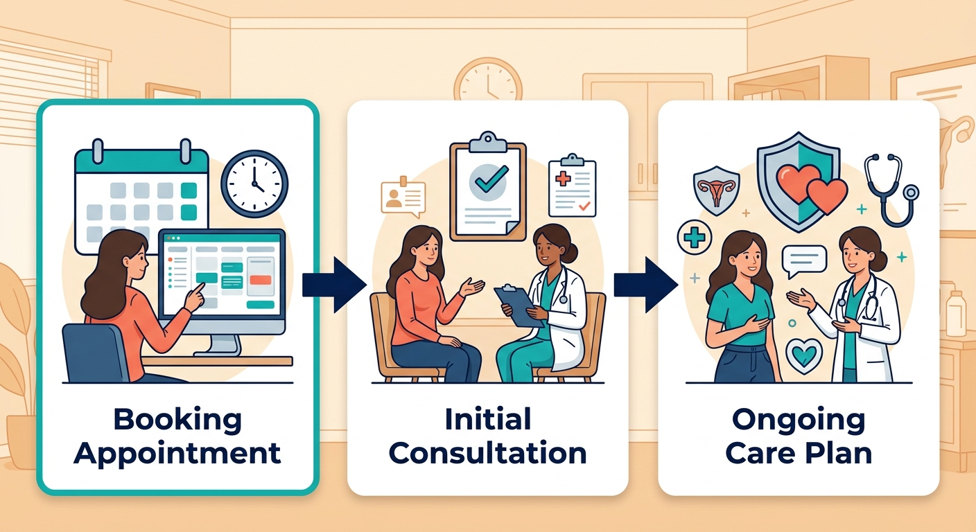 Patient journey flow diagram: Booking Your Appointment, Initial Consultation, Ongoing Care Plan, with calendar, clipboard, and shield icons connected by arrows.