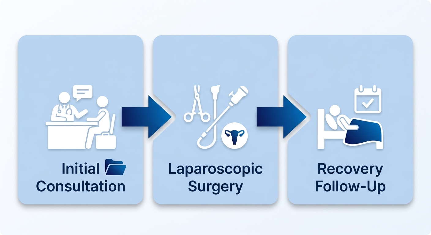Horizontal process flow showing the three-step endometriosis treatment journey at First Class OBGYN