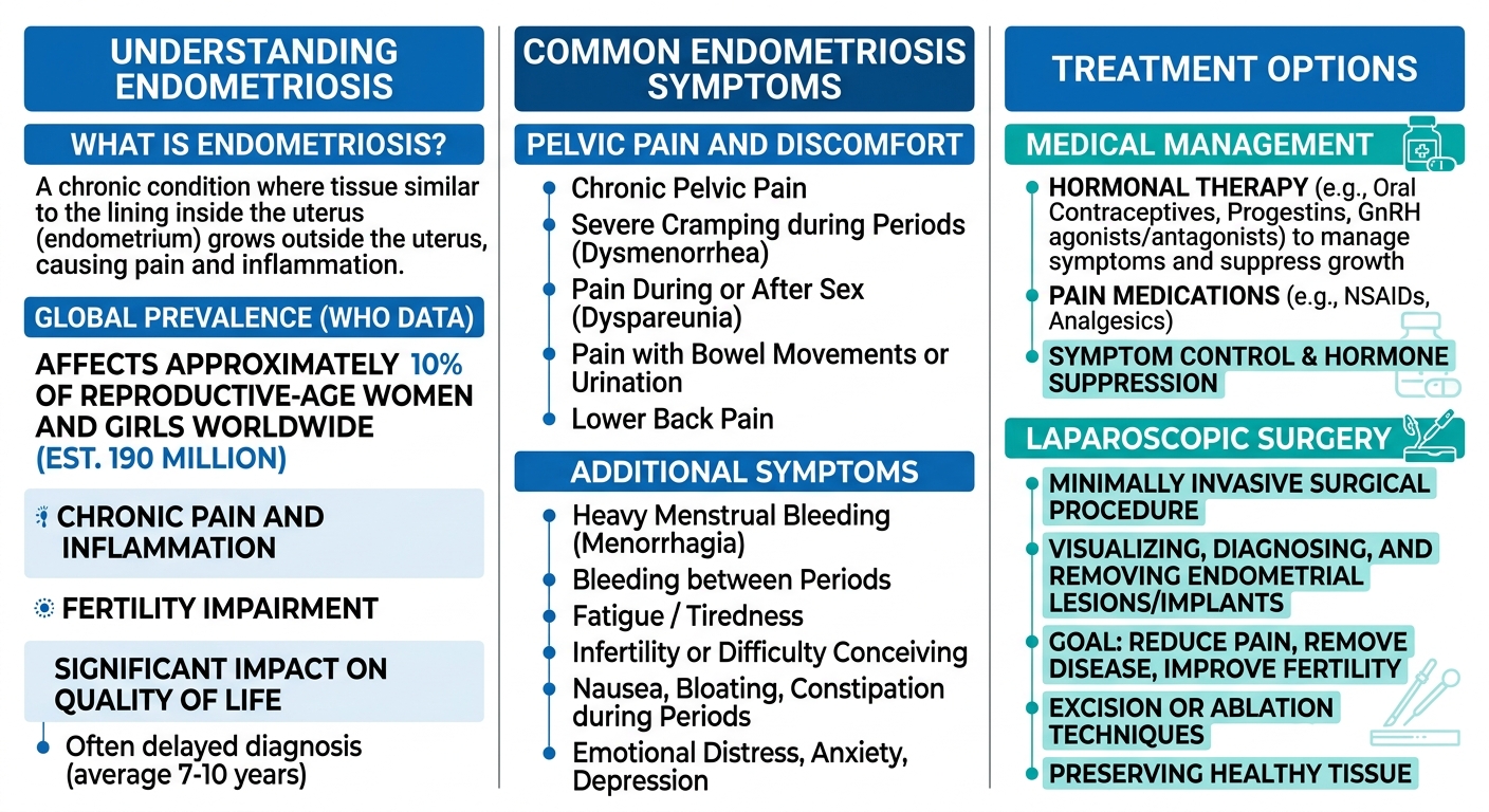 Infographic summarizing endometriosis care in Pembroke Pines with three columns: definition and WHO prevalence data, common symptoms, and treatment options including medical management and laparoscopic surgery. Clean blue and teal design with subtle icons.