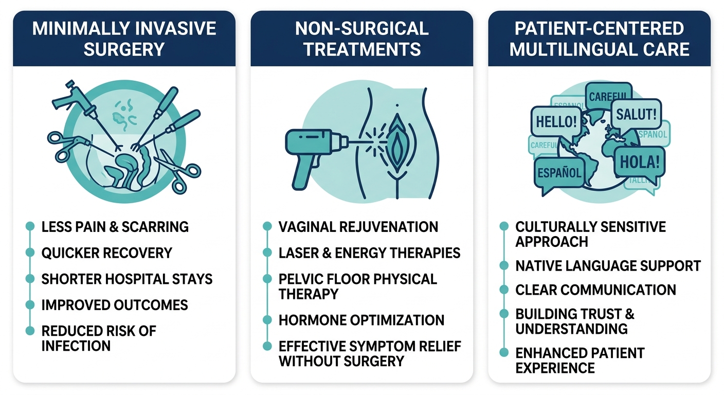 Infographic illustrating three key benefits of urogynecologic care: minimally invasive surgery, non-surgical treatments, and patient-centered multilingual care.