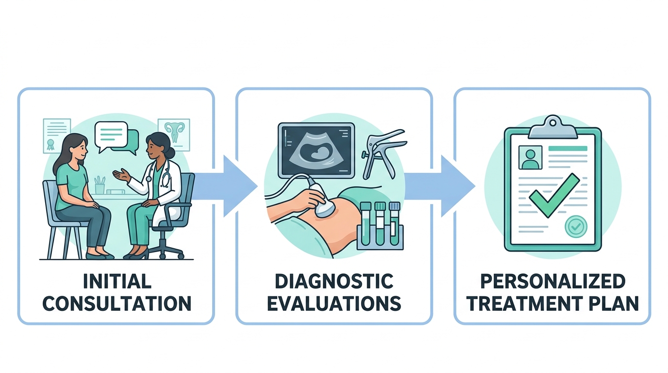 Three-step diagnostic journey for urogynecological evaluation, showing consultation, diagnostic tests, and treatment plan