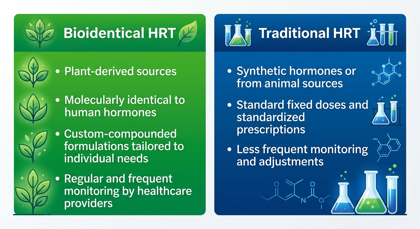 Infographic comparing bioidentical hormone replacement therapy on the left with traditional hormone replacement therapy on the right, featuring natural and laboratory icons, in green and blue.