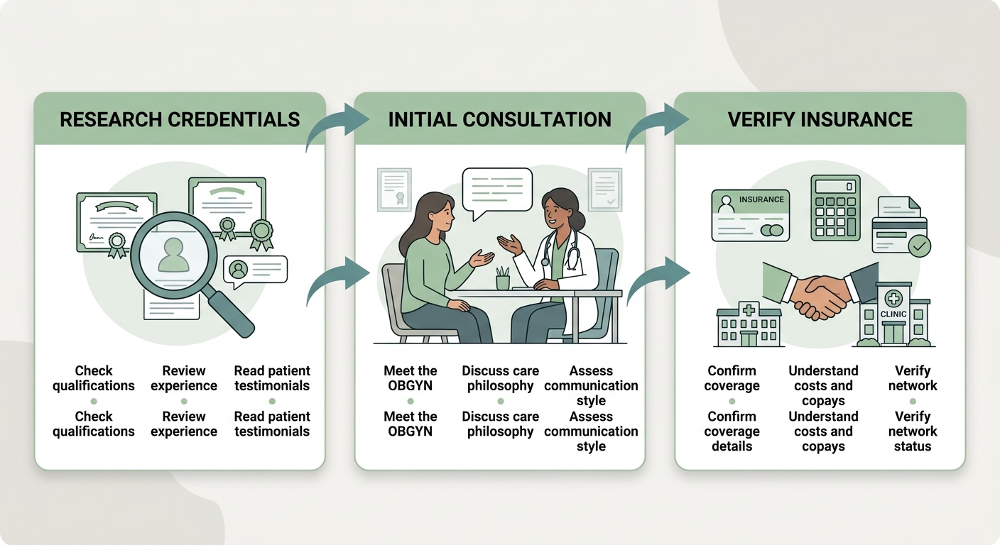 Three-step process for selecting an OBGYN: Research and Verify Credentials, Schedule and Attend Initial Consultation, Verify Insurance and Payment Options