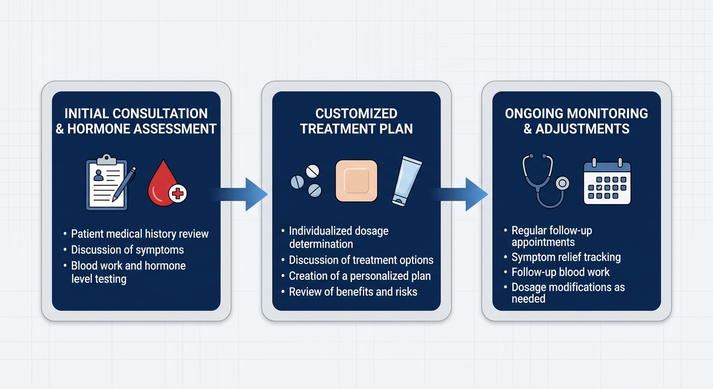 Hormone replacement therapy process at First Class OBGYN showing three steps from consultation through monitoring