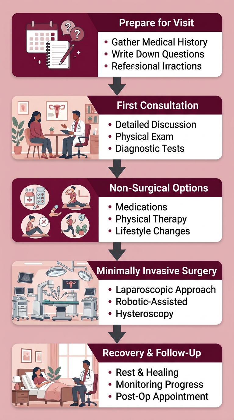 Vertical five-step process flow diagram for gynecologic treatment journey showing preparation, consultation, non-surgical treatments, minimally invasive surgery, recovery and follow-up stages with downward arrows connecting each step.