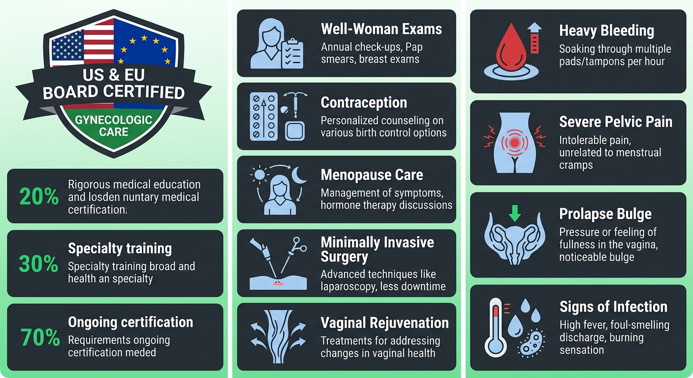 Three-column infographic comparing board certification credentials, service icons, and urgent symptoms for gynecologic care in Plantation, Florida