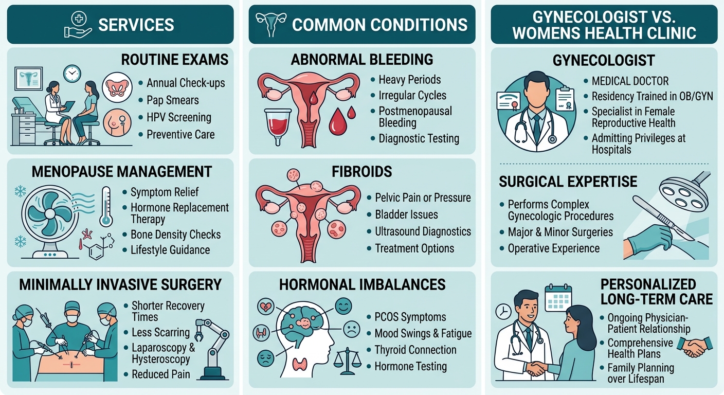 Infographic comparing gynecologic services, common conditions, and benefits of a gynecologist over a women's health clinic in Plantation, Florida.