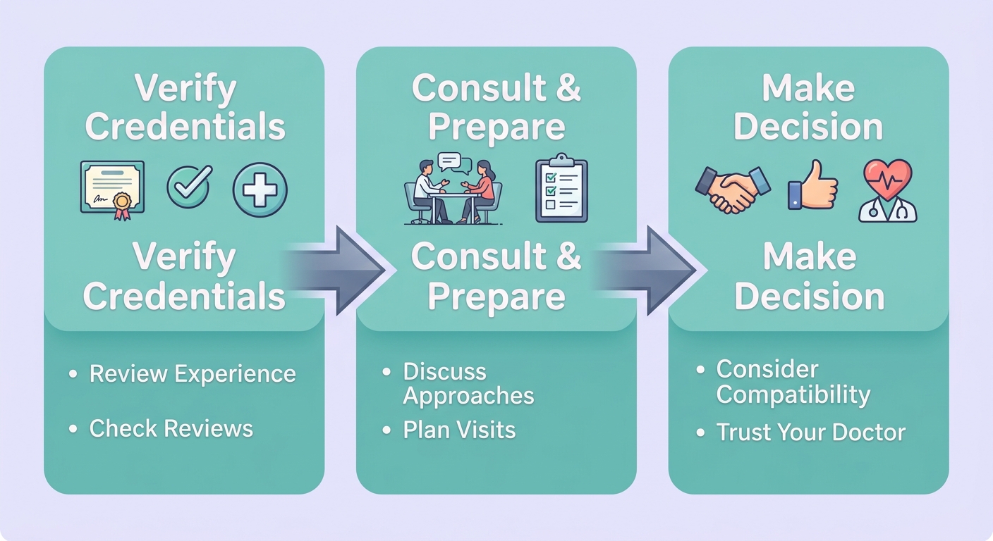 Three-step decision process for selecting an OBGYN starting with verifying credentials