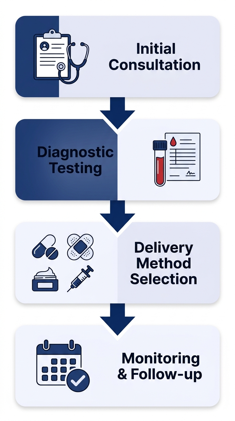 Diagram showing the four-step process of bioidentical hormone replacement therapy at Dr. Anghel OBGYN in South Florida.